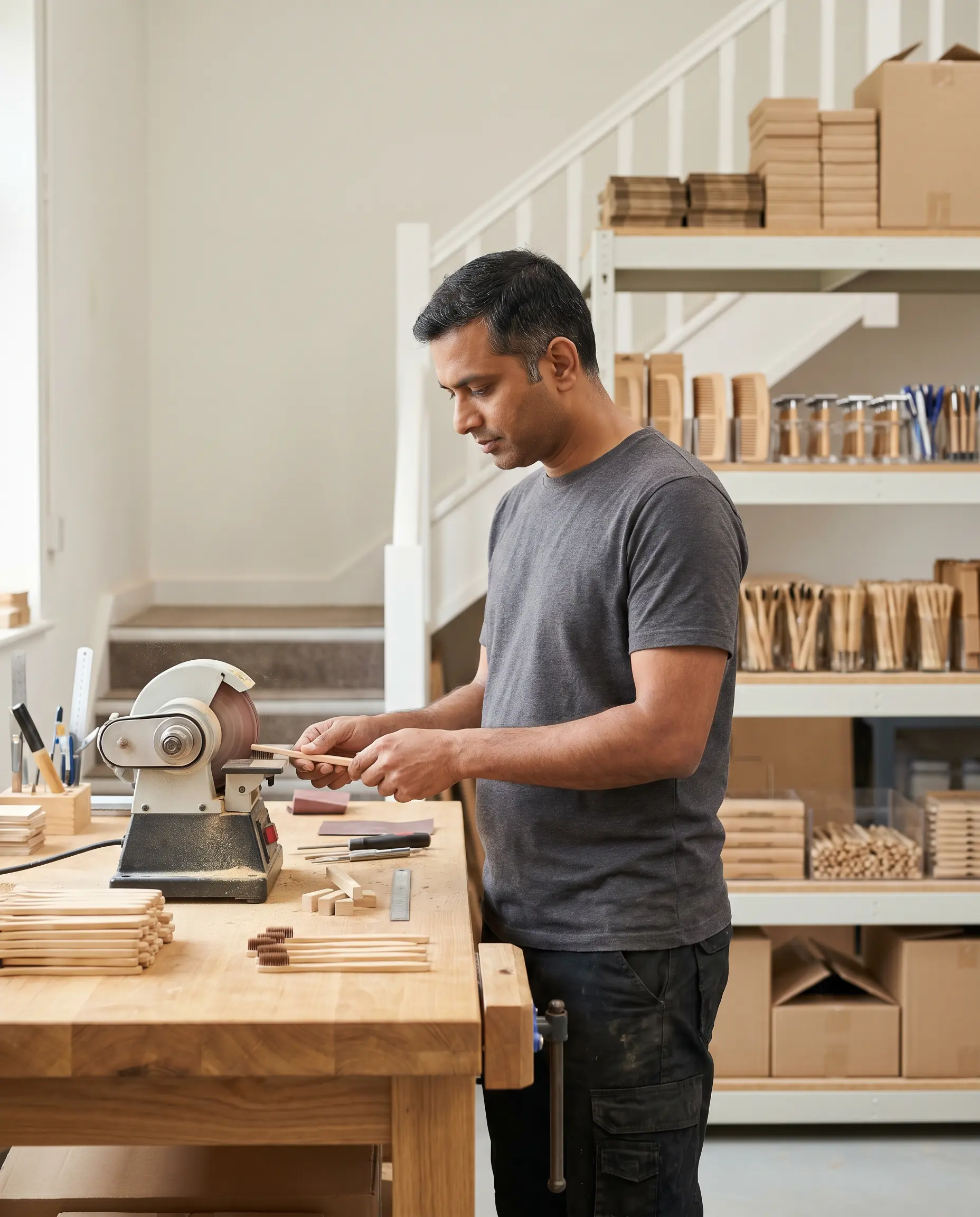 A maker finishing amenities at the workbench