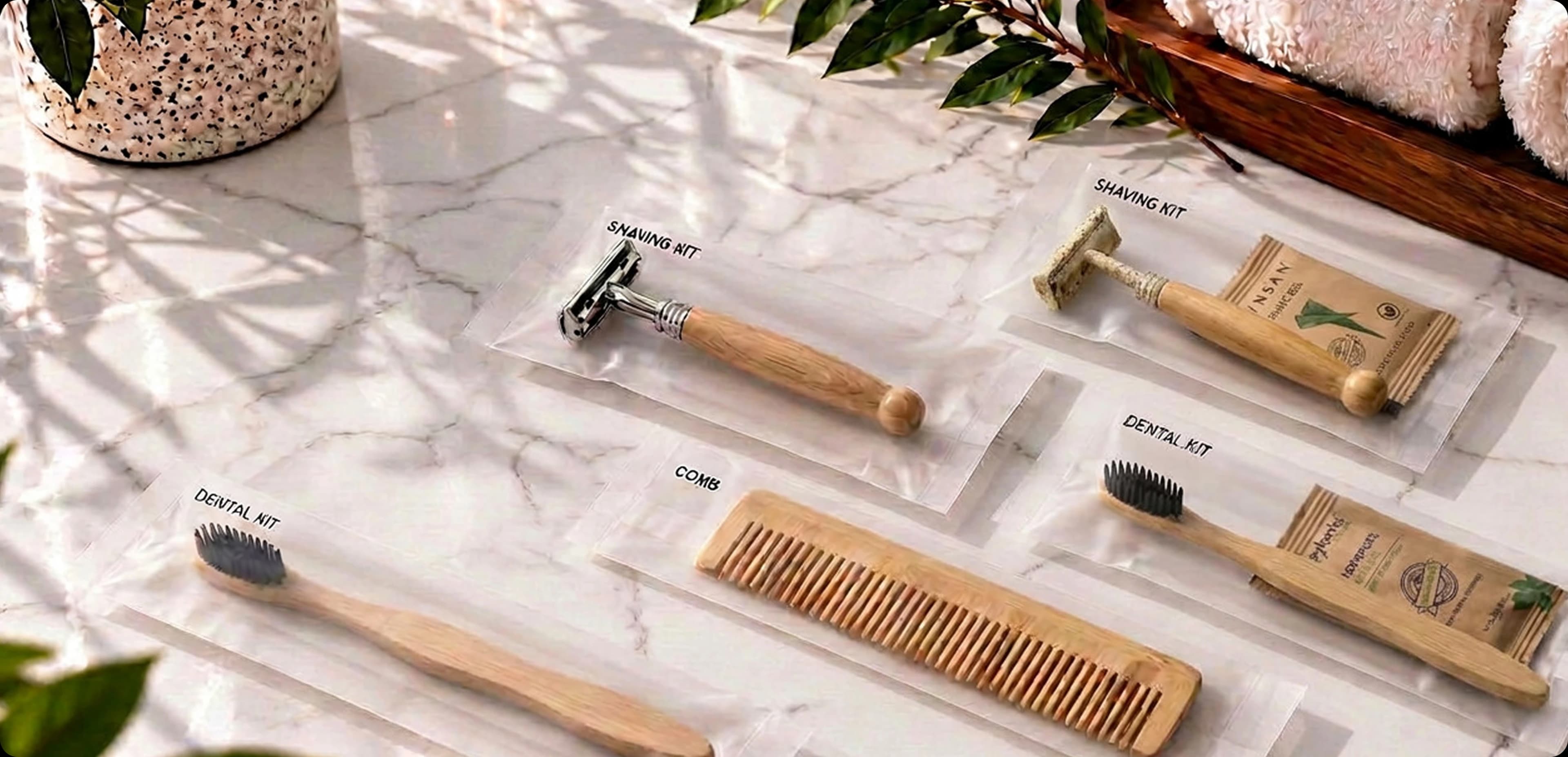 Bamboo razors, toothbrushes and a wooden comb in clear sleeves, labelled shaving kit, dental kit and comb, on white marble