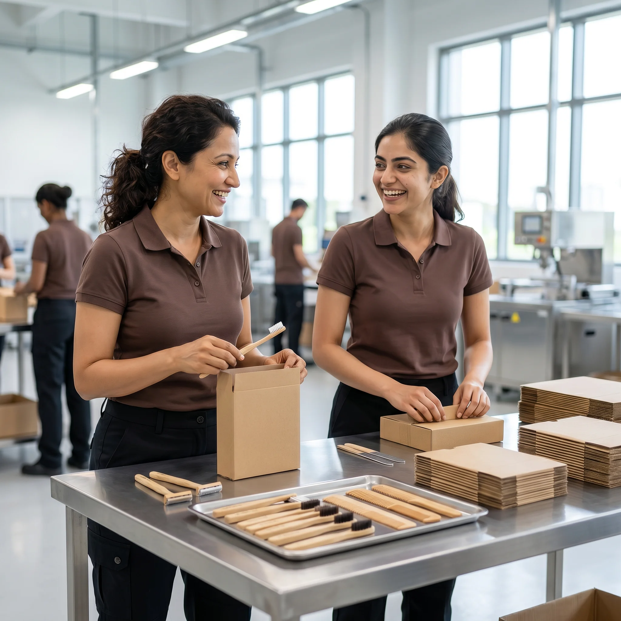 Our team packing amenities kits in the workshop