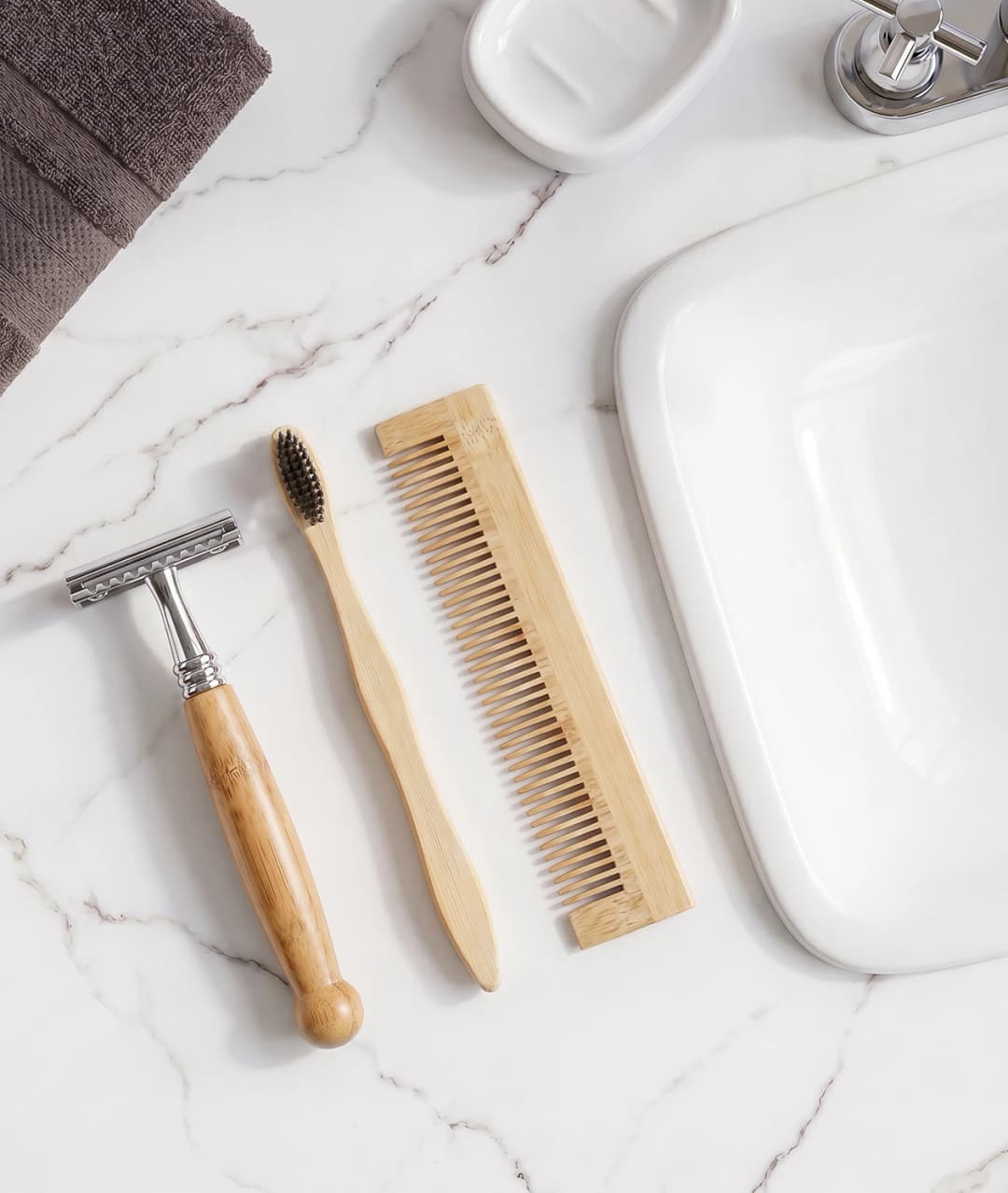 Bamboo and slipper amenities arranged on a table