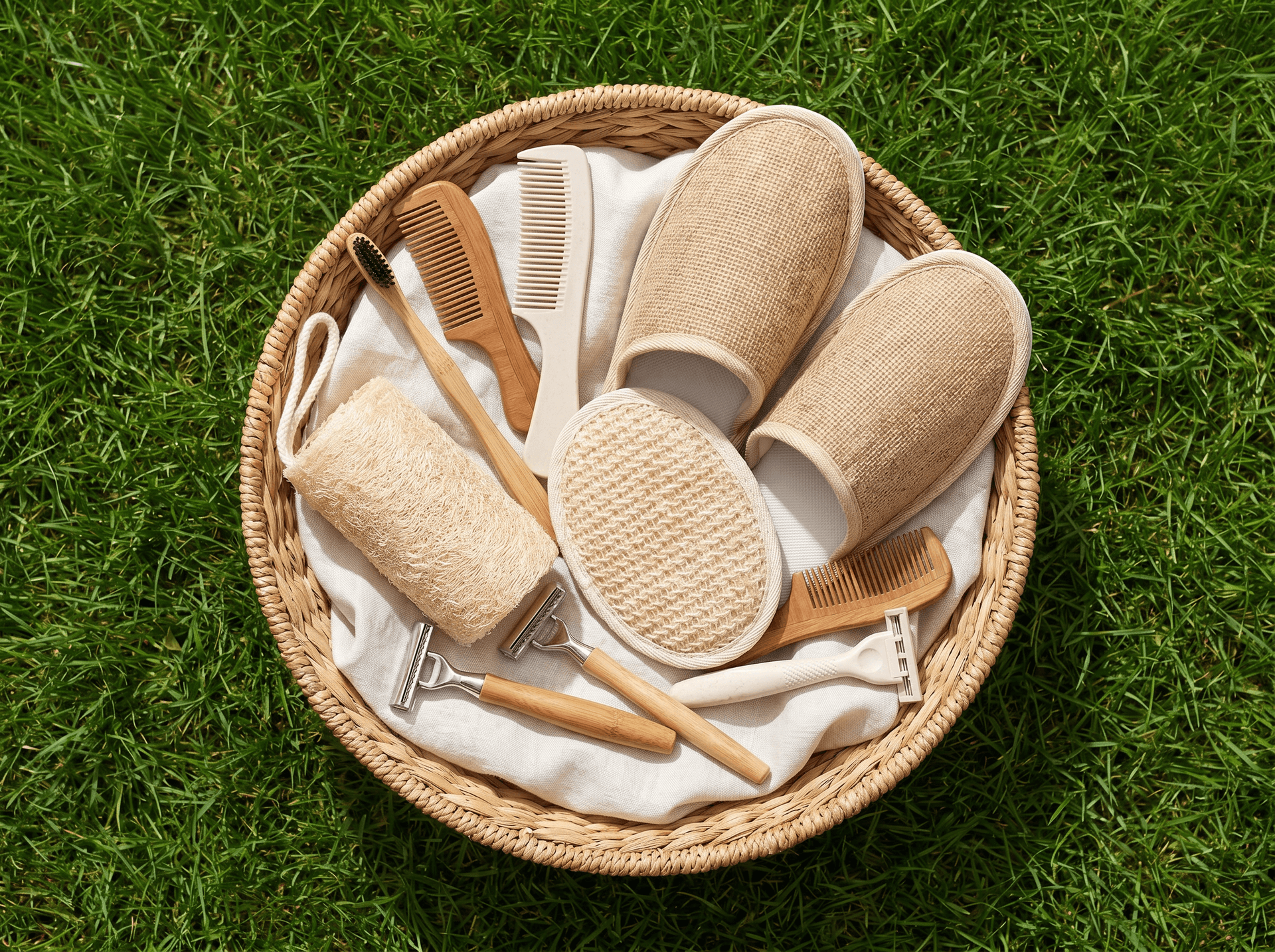 Plant-based amenities in a woven basket